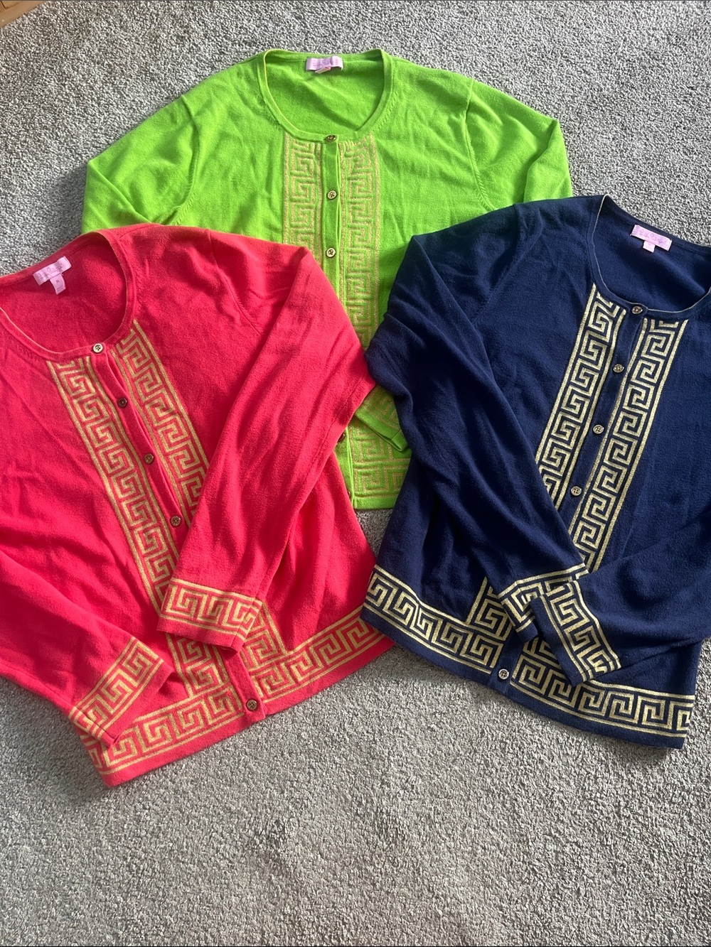 LOT 3 Lilly Pulitzer Greek Key Cardigans Gold Sparkle Green Coral Navy szM Macao
